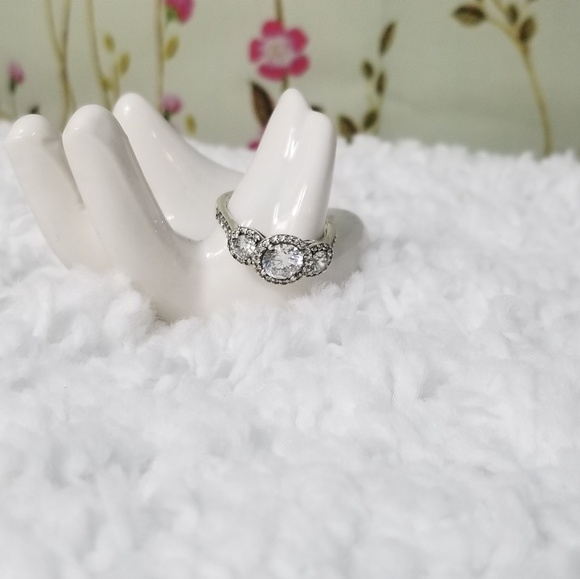 Jewelry - Womens Ring 3 Stone Style Sterling Silver Halo